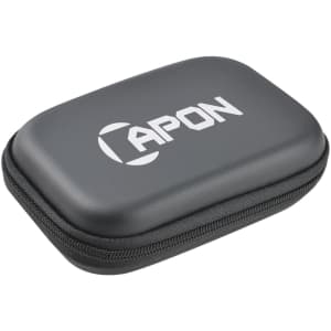 A black zippered case with a logo, designed for storing cables or small electronics.