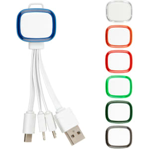 A charging cable with a multi-colour connector and three different types of charging ends, featuring a logo.