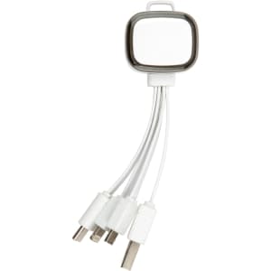 A white, 3-in-1 charging cable with multiple connectors and a square housing at the top.
