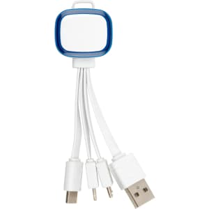 A multi-functional charging cable with three connectors, featuring a blue and white design. It includes a USB port.