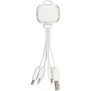 A white charging cable with three connectors, designed for multiple device compatibility, featuring a sleek design.