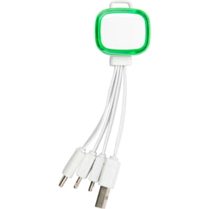 A green and white charging cable with multiple connectors for different devices attached to a compact handle.