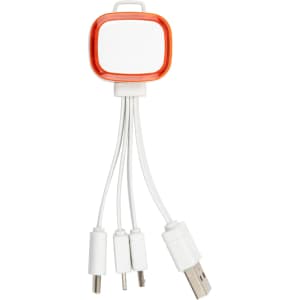 A charging cable with three connectors, featuring a white body and an orange accent, and a branding logo.