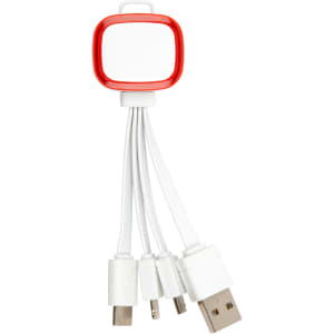 A charging cable featuring a compact design with a red connector and three white cables for various devices.