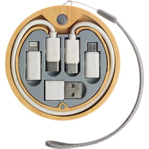 A circular charger set with a bamboo exterior, featuring various connectors and a USB port inside.