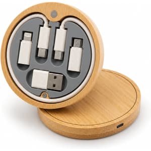 A circular wireless charger set in bamboo, featuring various charging connectors and a USB port inside.