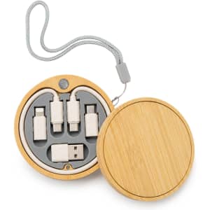 A circular bamboo set containing various USB charging cables tucked inside a grey holder, featuring a strap.