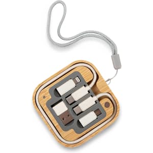 A wireless charger set in a square, featuring wooden design with multiple charging cables and a grey strap.