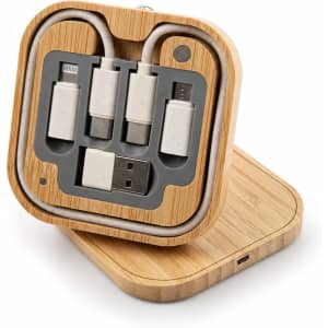 A square wireless charger set with a bamboo finish, featuring multiple charging cables in grey compartments.
