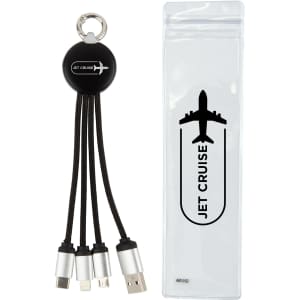A charging cable with three connectors (USB, USB-C, micro-USB) attached to a keyring, in a clear protective case.