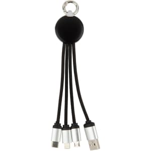 A black charging cable with three connectors and a keychain attachment, featuring a sleek and compact design.