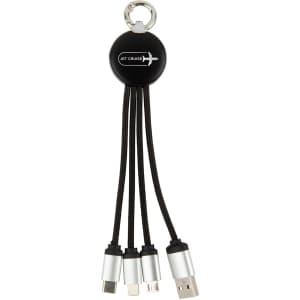 A round black charging cable with a keychain attachment and three connectors: USB, USB-C, and Lightning.