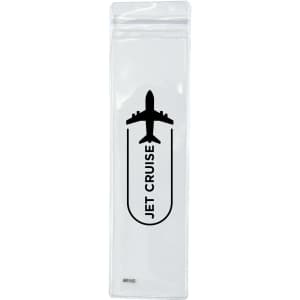 A clear packaging containing a charging cable with a logo featuring an airplane design.