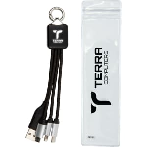 A black charging cable with a keyring attachment, packaged in a clear pouch. The cable includes multiple connectors.