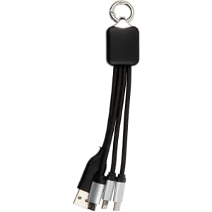 A black and silver charging cable with multiple connectors, featuring a keychain attachment.