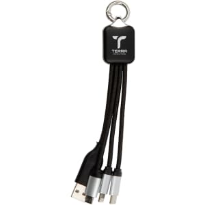 A charging cable with multiple connectors, featuring a black and silver design, attached to a keyring.