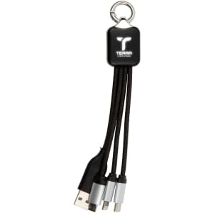 A black charging cable with three connectors and a keyring attachment, featuring a logo.