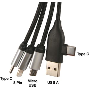 A Kinetic Square Glow Cable featuring Type C, 8 Pin, Micro USB, and USB A connectors in a braided design.
