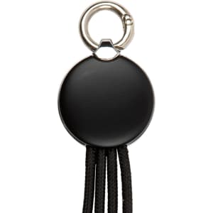 A round black charging cable with a metallic clip at the top. The cable features a braided design.