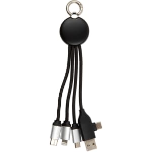 A charging cable with a round black holder and multiple connectors, including USB, Micro USB, and Lightning.