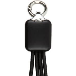 A black charging cable connector with a shiny silver attachment ring, featuring a sleek design.