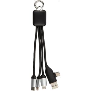 A black charging cable with multiple connectors, attached to a keyring for convenience.