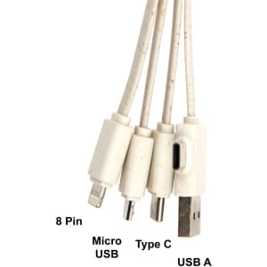 A Bamboo charging cable in cream colour featuring 8 Pin, Micro USB, Type C, and USB A connectors.