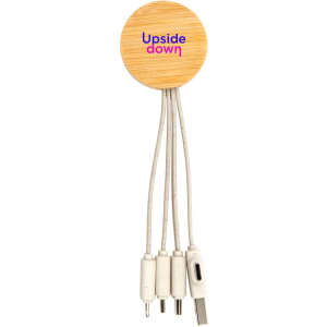A round bamboo charging cable with multiple connectors, featuring a logo and grey cables.