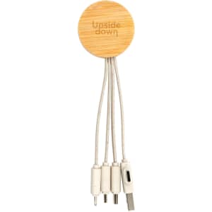 A round bamboo charging cable with multiple connectors and a logo, featuring a natural tan and white colour scheme.