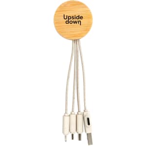A round bamboo charging cable with multiple connectors. It features a logo and has grey and white cables.