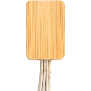 A bamboo charging cable with a rectangular connector and white cords, featuring a simple logo on the bamboo surface.