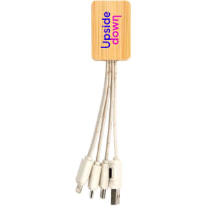 A bamboo charging cable with multiple connectors, featuring a square design and white cables, complete with a logo.