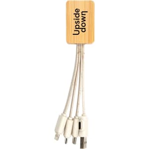 A bamboo charging cable with multiple connectors, featuring a light colour scheme and a logo.