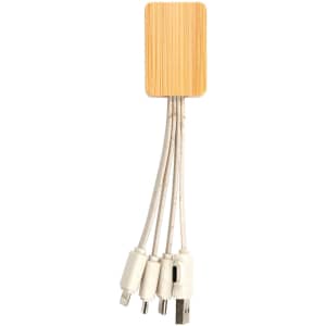 A bamboo charging cable with multiple connectors in white, featuring a rectangular bamboo casing.