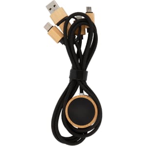 A charging cable in black with multiple connectors and a wooden-style circular holder. It includes a logo.