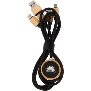 A charging cable in black with bamboo accents and a round base featuring a logo. It has multiple connectors.