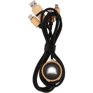 A charging cable in black with bamboo accents and multiple connectors, featuring a circular logo.