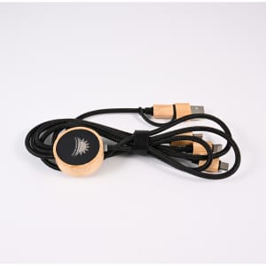 A charging cable in black with wooden accents, featuring multiple connectors and a round wooden component.