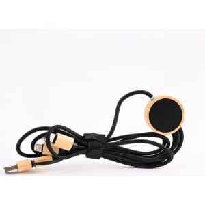 A black charging cable with wooden accents, featuring multiple connectors and a circular end.