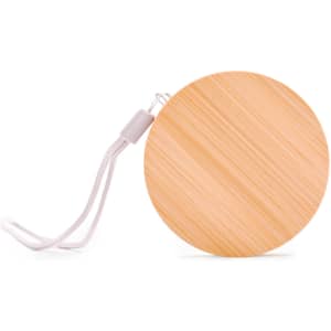 A circular charging cable set with a textured bamboo design and a convenient strap for easy portability.