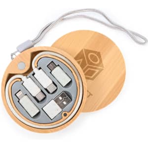 A circular cable set featuring a bamboo case, containing multiple charging cables and connectors for various devices.