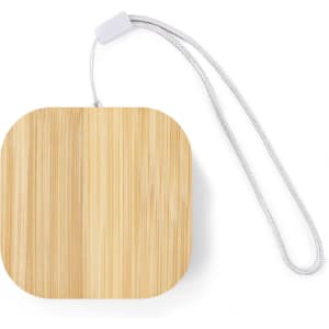 A square charging cable set with a bamboo exterior and a silver strap for easy carrying.