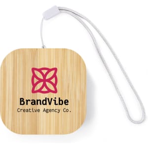 A square bamboo charging cable set with a logo and a grey strap for convenience.