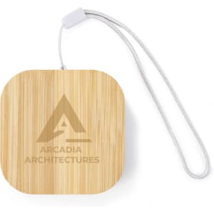 A square, bamboo charging cable set with a silver strap and a logo.