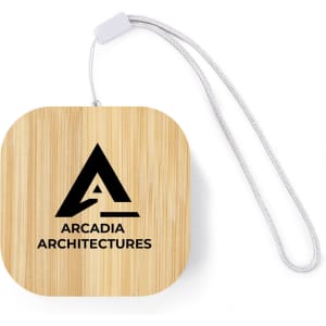 A square bamboo cable organiser with a silver strap, featuring a black logo on the front.