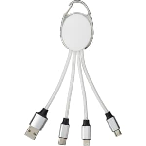 A charging cable with a white and silver design, featuring multiple connectors including USB, micro USB, and Lightning.