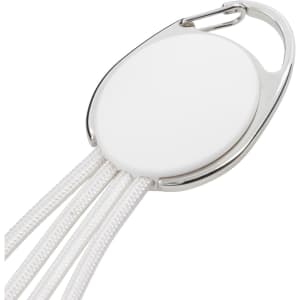A promotional Boston Charger Cable featuring a round white connector with three braided white cables and a silver carabiner.