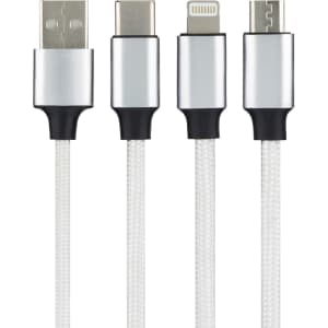 A charging cable featuring a braided white design with silver connectors for USB, USB-C, and Lightning devices.