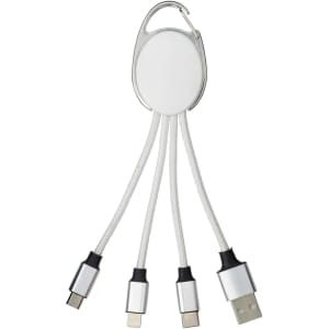 A white charging cable with multiple connectors, including USB, Lightning, and Micro USB, attached to a clip.