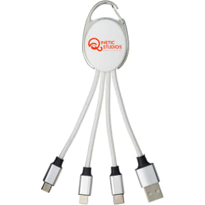 A charging cable with multiple connectors in silver and white, featuring a logo on the central hub.